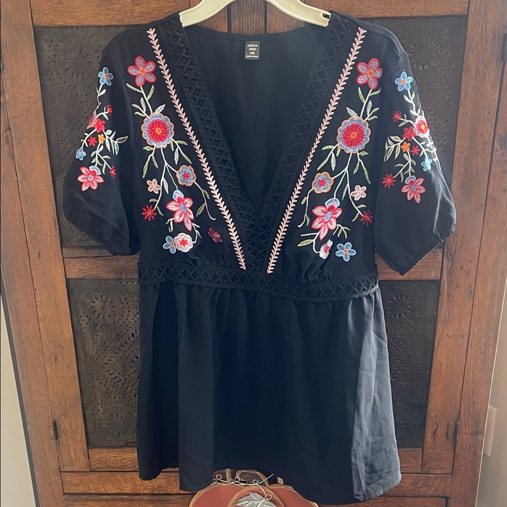 Embroidered Black Floral Women's Top